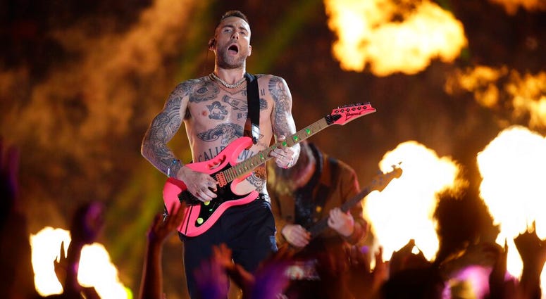 Adam Levine of Maroon 5 performs during halftime of the NFL Super Bowl 53 football game between the Los Angeles Rams and the New England Patriots Sunday, Feb. 3, 2019, in Atlanta. Adam Levine of Maroon 5 performs during halftime.