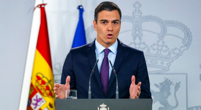 Spain's Prime Minister Pedro Sanchez delivers a statement at the Moncloa Palace in Madrid, Spain, Monday, Feb. 4, 2019. Spain's Prime Minister Pedro Sanchez delivers a statement.