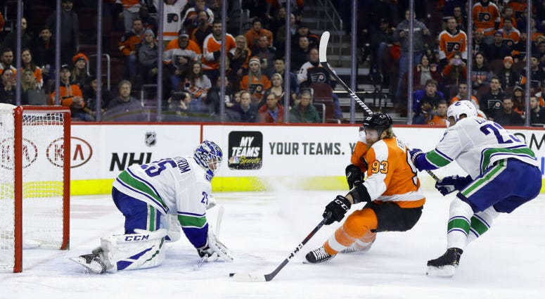 Philadelphia Flyers' Jakub Voracek (93) scores a goal against Vancouver Canucks' Jacob Markstrom (25) as Alexander Edler (23) defends during the second period of an NHL hockey game, Monday, Feb. 4, 2019, in Philadelphia. Philadelphia Flyers' Jakub Voracek (93) scores a goal against Vancouver Canucks' Jacob Markstrom (25) as Alexander Edler (23) defends during the second period of an NHL hockey game, Monday, Feb. 4, 2019, in Philadelphia.