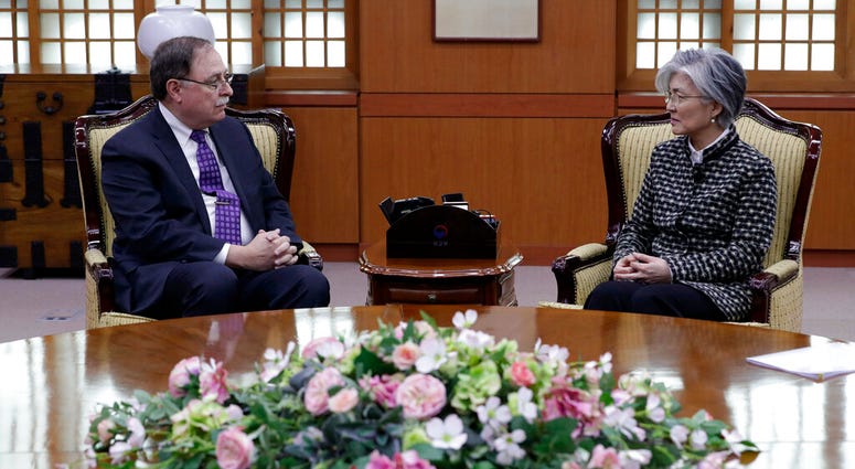 South Korean Foreign Minister Kang Kyung-wha, right, and Timothy Betts, acting deputy assistant secretary and senior advisor for Security Negotiations and Agreements in the U.S. Department of State, talk during their meeting at Foreign Ministry in Seoul, South Korean Foreign Minister Kang Kyung-wha, right, and Timothy Betts, acting deputy assistant secretary and senior advisor for Security Negotiations and Agreements in the U.S. Department of State, talk during their meeting at Foreign Ministry in Seoul,