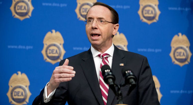 FILE - In this Jan. 31, 2019, file photo, Deputy Attorney General Rod Rosenstein, speaks before welcoming Vice President Mike Pence to speak to Drug Enforcement Administration employees at their headquarters in Arlington, Va. FILE - In this Jan. 31, 2019, file photo, Deputy Attorney General Rod Rosenstein, speaks before welcoming Vice President Mike Pence to speak to Drug Enforcement Administration employees at their headquarters in Arlington, Va.