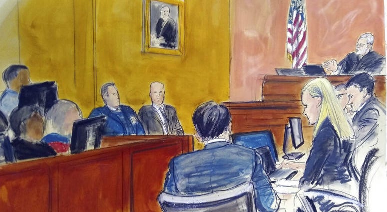 FILE - In this Monday Feb. 4, 2019 courtroom sketch, Judge Brian Cogan upper right, gives instructions to jurors in the trial of Joaquin "El Chapo" Guzman in New York. FILE - In this Monday Feb. 4, 2019 courtroom sketch, Judge Brian Cogan upper right, gives instructions to jurors in the trial of Joaquin "El Chapo" Guzman in New York.