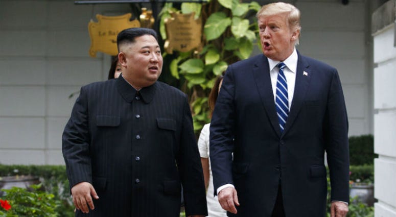U.S. President Donald Trump and North Korean leader Kim Jong Un take a walk after their first meeting at the Sofitel Legend Metropole Hanoi hotel, Thursday, Feb. 28, 2019, in Hanoi. U.S. President Donald Trump and North Korean leader Kim Jong Un take a walk after their first meeting at the Sofitel Legend Metropole Hanoi hotel, Thursday, Feb. 28, 2019, in Hanoi.