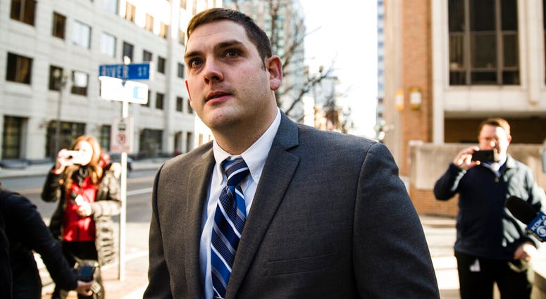 Former East Pittsburgh police officer Michael Rosfeld, charged with homicide in the shooting death of Antwon Rose II, arrives at the Dauphin County Courthouse in Harrisburg, Pa., Tuesday, March 12, 2019. Former East Pittsburgh police officer Michael Rosfeld.