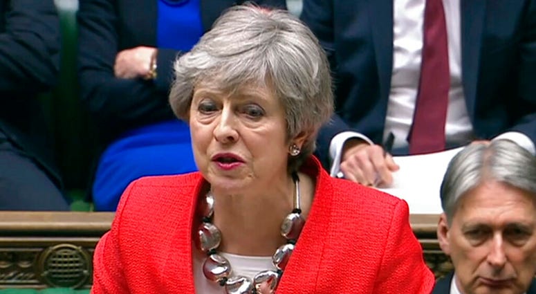 In this grab taken from video, Britain''s Prime Minister Theresa May speaks during the Brexit debate in the House of Commons, London, Tuesday March 12, 2019. Theresa May