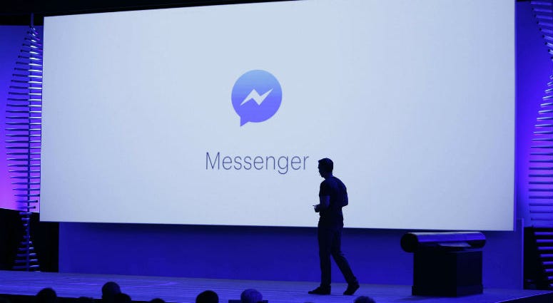 FILE - In this April 12, 2016, file photo, new features of Messenger are displayed during the keynote address at the F8 Facebook Developer Conference in San Francisco. FILE - In this April 12, 2016, file photo, new features of Messenger are displayed during the keynote address at the F8 Facebook Developer Conference in San Francisco.