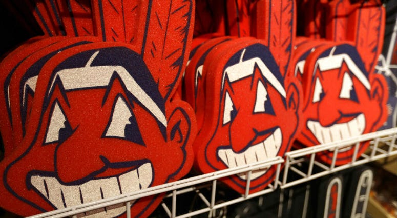 In this Jan. 29, 2018 file photo, foam images of the MLB baseball Cleveland Indians' mascot Chief Wahoo are displayed for sale at the Indians' team shop in Cleveland. Foam images of the MLB baseball Cleveland Indians' mascot Chief Wahoo are displayed for sale at the Indians' team shop in Cleveland.