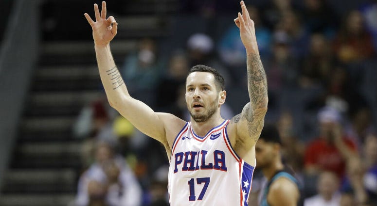 Philadelphia 76ers' JJ Redick (17) reacts after making a 3-point basket against the Charlotte Hornets during the first half of an NBA basketball game in Charlotte, N.C., Tuesday, March 19, 2019. Philadelphia 76ers' JJ Redick (17) reacts after making a 3-point basket against the Charlotte Hornets during the first half of an NBA basketball game in Charlotte, N.C.