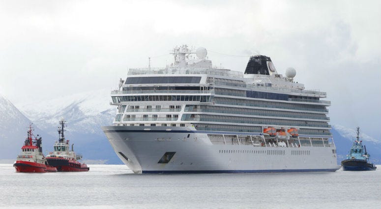 The cruise ship Viking Sky arrives at port off Molde, Norway, Sunday March 24, 2019, after the problems in heavy seas off Norway's western coast The cruise ship Viking Sky arrives at port off Molde, Norway, Sunday March 24, 2019, after the problems in heavy seas off Norway's western coast.