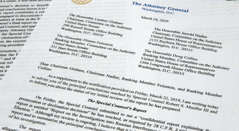 The letter from Attorney General William Barr to Congress on the conclusions reached by special counsel Robert Mueller in the Russia probe photographed on Sunday, March 24, 2019. The letter from Attorney General William Barr to Congress on the conclusions reached by special counsel Robert Mueller in the Russia probe.