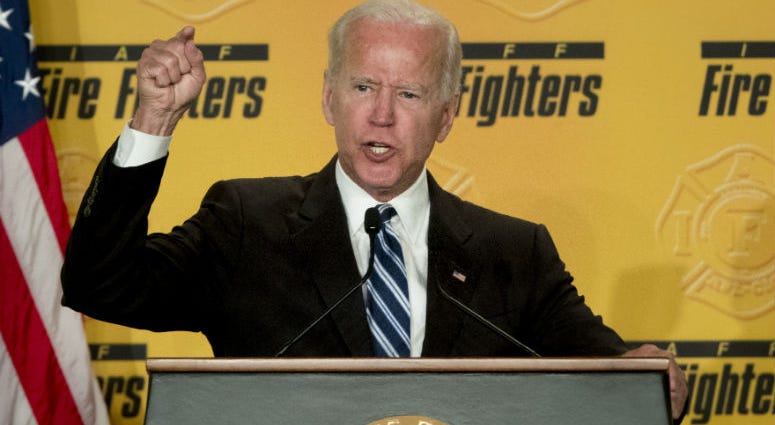 FILE - In this March 12, 2019, file photo, former Vice President Joe Biden speaks to the International Association of Firefighters at the Hyatt Regency on Capitol Hill in Washington. Joe Biden says he does not recall kissing a Nevada political candidate on the back of her head in 2014.