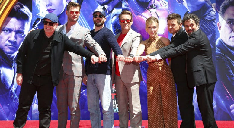 Marvel Studios Pres. Kevin Feige, from left, poses with members of the "Avengers: End Game," cast Chris Hemsworth, Chris Evans, Robert Downey Jr., Scarlett Johansson, Jeremy Renner and Mark Ruffalo at a hand and footprint ceremony at TCL Chinese Theatre. Marvel Studios Pres. Kevin Feige, from left, poses with members of the "Avengers: End Game," cast Chris Hemsworth, Chris Evans, Robert Downey Jr., Scarlett Johansson, Jeremy Renner and Mark Ruffalo at a hand and footprint ceremony at TCL Chinese Theatre.