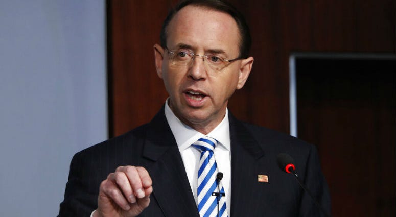 FILE - In this Feb. 25, 2019, file photo, Deputy Attorney General Rod Rosenstein speaks at a Center for Strategic and International Studies (CSIS) event on the rule of law in Washington. FILE - In this Feb. 25, 2019, file photo, Deputy Attorney General Rod Rosenstein speaks at a Center for Strategic and International Studies (CSIS) event on the rule of law in Washington.