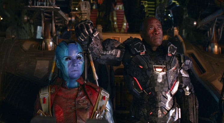This image released by Disney shows Karen Gillan, left, and Don Cheadle in a scene from "Avengers: Endgame." This image released by Disney shows Karen Gillan, left, and Don Cheadle in a scene from "Avengers: Endgame."
