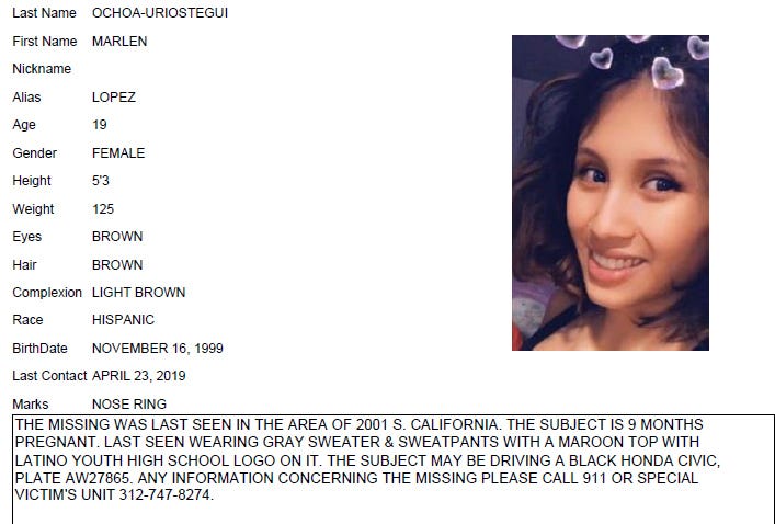 This undated Chicago Police missing person flier shows Marlen Ochoa-Lopez. Ochoa-Lopez, who had gone to a Chicago home in response to a Facebook offer of free baby clothes, was strangled and her baby cut from her womb, police and family members said. Marlen Ochoa-Lopez