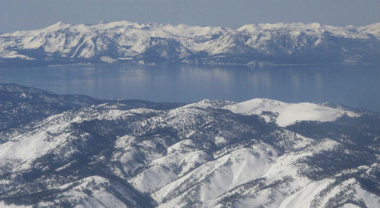 Scientists say water clarity has rebounded from an all-time low in 2017 at Lake Tahoe, pictured in this photo taken from an airplane departing from Reno, Nev. on March 2, 2017. Scientists say water clarity has rebounded from an all-time low in 2017 at Lake Tahoe, pictured in this photo taken from an airplane departing from Reno, Nev. on March 2, 2017.