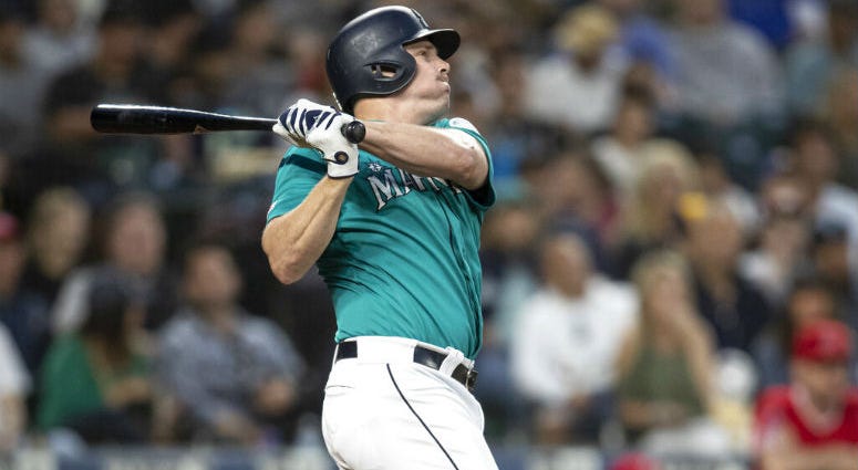 Seattle Mariners' Jay Bruce hits a solo home run off of Los Angeles Angels starting pitcher Tyler Skaggs during the seventh inning of a baseball game Friday, May 31, 2019, in Seattle. The home run was the 300th of Bruce'S career. Jay Bruce traded from Mariners to Phillies