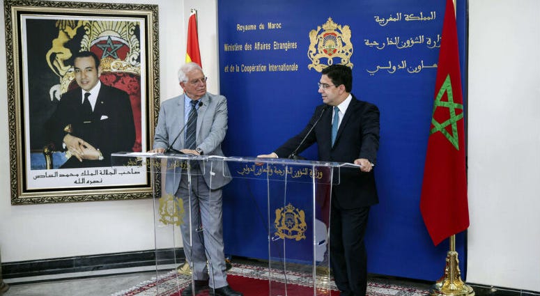 Spanish foreign minister Josep Borrell, left, and Moroccan Minister of Foreign Affairs International Cooperation, Nasser Bourita, right, hold a press conference after holding talks during the former's visit to Rabat, Morocco, Monday, June 3, 2019. Morocco claims success in slowing migrant voyages to Europe