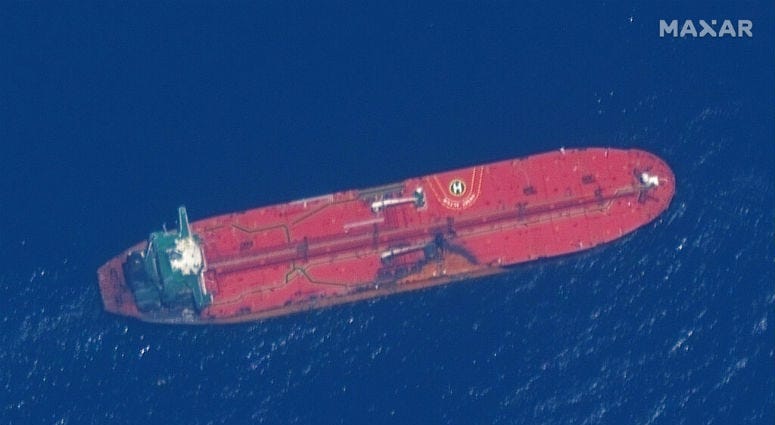 This satellite image provided by Maxar Technologies shows the oil tanker Front Altair off the coast of Fujairah, United Arab Emirates, Monday, June 17, 2019. New satellite photos released Monday show two oil tankers apparently attacked in the Gulf of Oman last week.