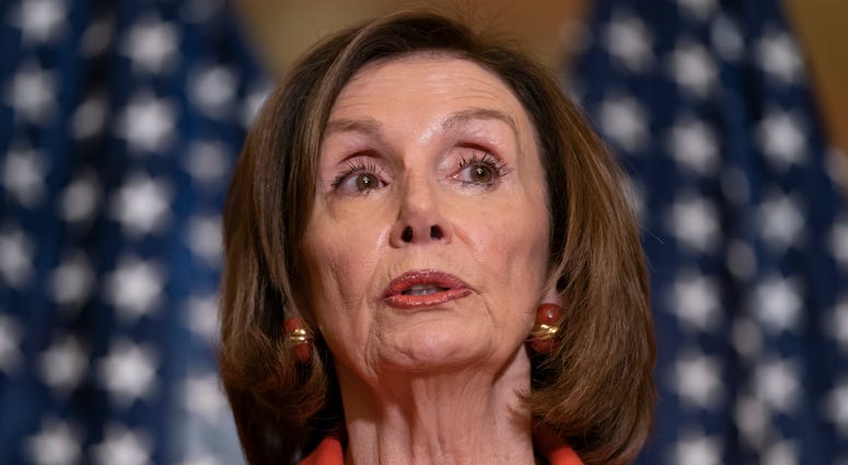 In this June 21, 2019, photo, House Speaker Nancy Pelosi of Calif., speaks with reporters at the Capitol in Washington. Nancy Pelosi