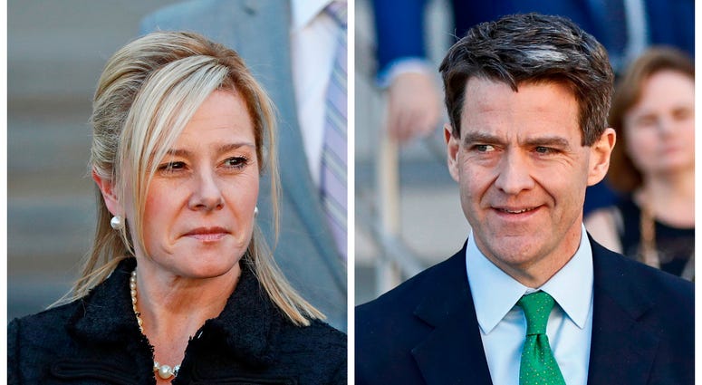 This combination of March 29, 2017, file photos shows Bridget Kelly, left, leaving federal court after sentencing and Bill Baroni leaving federal court after sentencing in Newark, N.J. Bridget Kelly and Bill Baroni