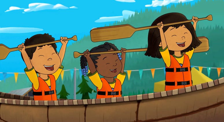 This image released by PBS shows characters, from left, Tooey, voiced by Sequoia Janvier, Trini, voiced by Vienna Leacock and Molly, voiced by Sovereign Bill, in a scene from the animated series "Molly of Denali." "Molly of Denali"