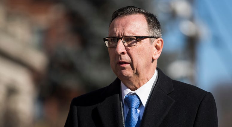 This in Jan. 28, 2019 photo, Scranton Mayor Bill Courtright departs from a funeral service for a Scranton Police patrolman at St. Peter's Cathedral in Scranton, Pa. This in Jan. 28, 2019 photo, Scranton Mayor Bill Courtright departs from a funeral service for a Scranton Police patrolman at St. Peter's Cathedral in Scranton, Pa.