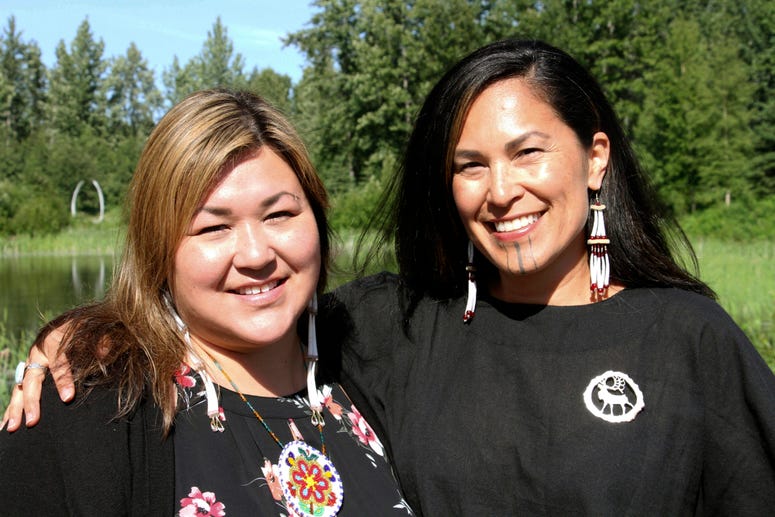 In this June 19, 2019, photo, Rochelle Adams, left, an Alaska Native cultural advisor, and Princess Johnson, the creative producer for the series "Molly of Denali" appear at the Alaska Native Heritage Center in Anchorage, Alaska. Molly of Denali