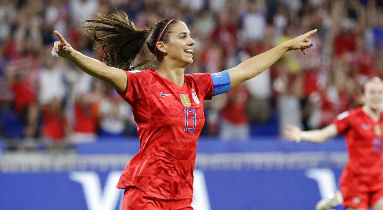 United States' Alex Morgan celebrates after scoring her side's second goal during the Women's World Cup semifinal soccer match between England and the United States, at the Stade de Lyon, outside Lyon, France, Tuesday, July 2, 2019. United States' Alex Morgan celebrates after scoring her side's second goal during the Women's World Cup semifinal soccer match between England and the United States, at the Stade de Lyon, outside Lyon, France, Tuesday, July 2, 2019.