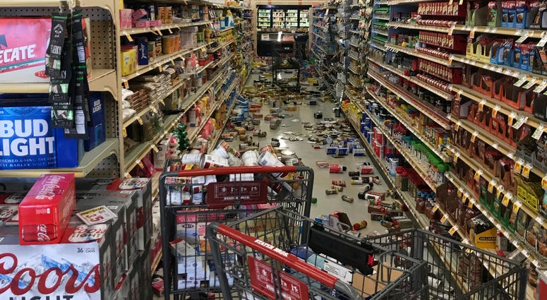 In this photo provided by Adam Graehl, food and other merchandise lies on the floor at the Stater Bros. on China Lake Blvd., after an earthquake, Thursday, July 4, 2019, in Ridgecrest, Calif. California earthquake