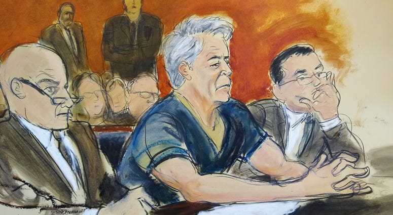 In this courtroom artist's sketch, defendant Jeffrey Epstein, center, sits with attorneys Martin Weinberg, left, and Marc Fernich during his arraignment in New York federal court, Monday, July 8, 2019. In this courtroom artist's sketch, defendant Jeffrey Epstein, center, sits with attorneys Martin Weinberg, left, and Marc Fernich during his arraignment in New York federal court, Monday, July 8, 2019.