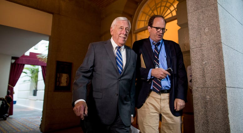 House Majority Leader Steny Hoyer of Md., left, arrives for a House Democratic caucus meeting on Capitol Hill in Washington, Wednesday, July 10, 2019. House Majority Leader Steny Hoyer of Md., left, arrives for a House Democratic caucus meeting on Capitol Hill in Washington, Wednesday, July 10, 2019.