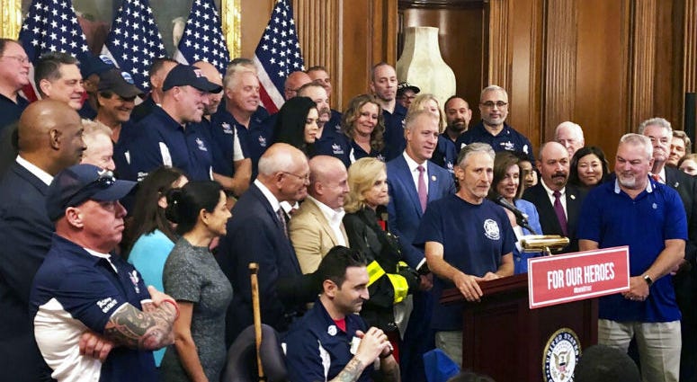 Entertainer and activist Jon Stewart, speaks at a news conference on behalf of 9/11 victims and families, Friday, July 12, 2019, at the Capitol in Washington. The House is expected to approve a bill Friday ensuring that a victims' compensation fund for the Sept. 11 attacks never runs out of money.