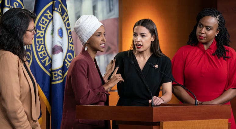 From left, Rep. Rashida Tlaib, D-Mich., Rep. Ilhan Omar, D-Minn., Rep. Alexandria Ocasio-Cortez, D-N.Y., and Rep. Ayanna Pressley, D-Mass., during a news conference at the Capitol in Washington, Monday, July 15, 2019. From left, Rep. Rashida Tlaib, D-Mich., Rep. Ilhan Omar, D-Minn., Rep. Alexandria Ocasio-Cortez, D-N.Y., and Rep. Ayanna Pressley, D-Mass., during a news conference at the Capitol in Washington, Monday, July 15, 2019.
