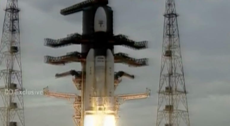 This image from video aired by India's Doordarshan TV shows Indian Space Research Organization's Geosynchronous Satellite launch Vehicle MkIII carrying Chandrayaan-2 lift off from Satish Dhawan Space center in Sriharikota, India, Monday, July 22, 2019. This image from video aired by India's Doordarshan TV shows Indian Space Research Organization's Geosynchronous Satellite launch Vehicle MkIII carrying Chandrayaan-2 lift off from Satish Dhawan Space center in Sriharikota, India, Monday, July 22, 2019.