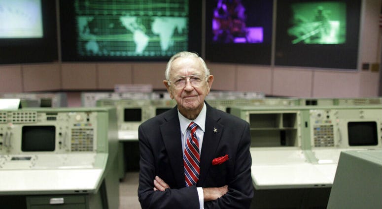 FILE - This Tuesday, July 5, 2011, file photo shows NASA Mission Control founder Chris Kraft in the old Mission Control at Johnson Space Center in Houston. Chris Kraft, the founder of NASA's mission control, died Monday, July 22, 2019, just two days after the 50th anniversary of the Apollo 11 moon landing. He was 95.
