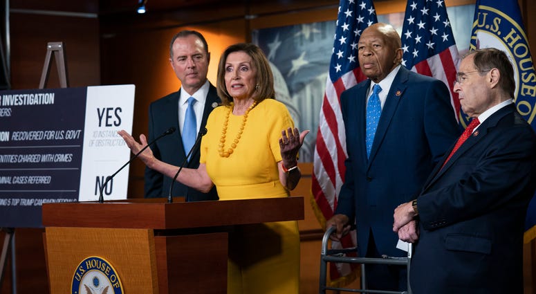 From left: Adam Schiff, D-Calif., Nancy Pelosi, D-Calif., Elijah Cummings, D-Md., and Jerrold Nadler, D-N.Y., hold a news conference after the back-to-back hearings with former special counsel Robert Mueller. From left: Adam Schiff, D-Calif., Nancy Pelosi, D-Calif., Elijah Cummings, D-Md., and Jerrold Nadler, D-N.Y., hold a news conference after the back-to-back hearings with former special counsel Robert Mueller.