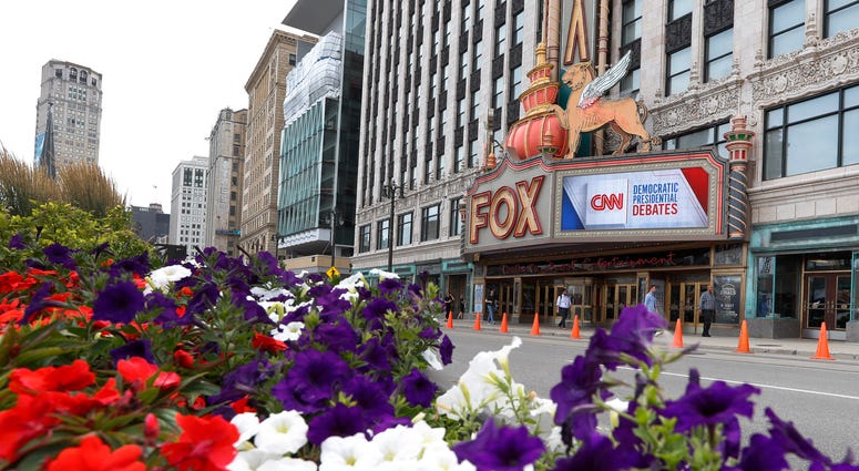 The Fox Theatre displays signs for the Democratic presidential debates in Detroit, Monday, July 29, 2019. The second scheduled debate will be hosted by CNN on July 30 and 31. The Fox Theatre displays signs for the Democratic presidential debates in Detroit, Monday, July 29, 2019. The second scheduled debate will be hosted by CNN on July 30 and 31.