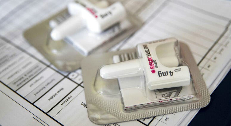 FILE - This July 3, 2018 file photo shows a Narcan nasal device which delivers naloxone in the Brooklyn borough of New York. On Tuesday, Aug. 6, 2019, health officials reported that prescriptions of the overdose-reversing drug naloxone are soaring, and experts say that could be a reason overdose deaths have stopped rising for the first time in nearly three decades.