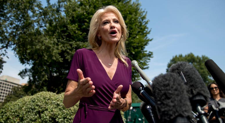 Counselor to the President Kellyanne Conway speaks to members of the media outside of the West Wing on the North Lawn of the White House in Washington, Wednesday, Aug. 7, 2019. Counselor to the President Kellyanne Conway speaks to members of the media outside of the West Wing on the North Lawn of the White House in Washington, Wednesday, Aug. 7, 2019.