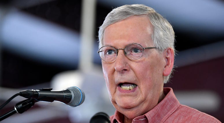 In this Aug. 3, 2019 file photo, Senate Majority Leader Mitch McConnell, R-Ky., addresses the audience gathered at the Fancy Farm Picnic in Fancy Farm, Ky. In this Aug. 3, 2019 file photo, Senate Majority Leader Mitch McConnell, R-Ky., addresses the audience gathered at the Fancy Farm Picnic in Fancy Farm, Ky.