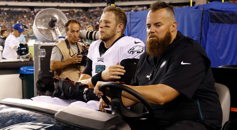 Philadelphia Eagles' Nate Sudfeld is driven off the field after an injury during the first half of the team's preseason NFL football game against the Tennessee Titans, Thursday, Aug. 8, 2019, in Philadelphia. Philadelphia Eagles' Nate Sudfeld is driven off the field after an injury during the first half of the team's preseason NFL football game against the Tennessee Titans, Thursday, Aug. 8, 2019, in Philadelphia.