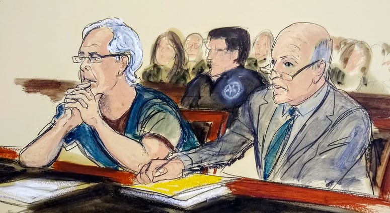 In this July 15, 2019 courtroom artist's sketch, defendant Jeffrey Epstein, left, and his attorney Martin Weinberg listen during a bail hearing in federal court, in New York. In this July 15, 2019 courtroom artist's sketch, defendant Jeffrey Epstein, left, and his attorney Martin Weinberg listen during a bail hearing in federal court, in New York.