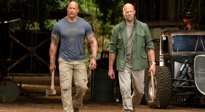 This image released by Universal Pictures shows Dwayne Johnson, left, and Jason Statham in a scene from "Fast & Furious Presents: Hobbs & Shaw." This image released by Universal Pictures shows Dwayne Johnson, left, and Jason Statham in a scene from "Fast & Furious Presents: Hobbs & Shaw."