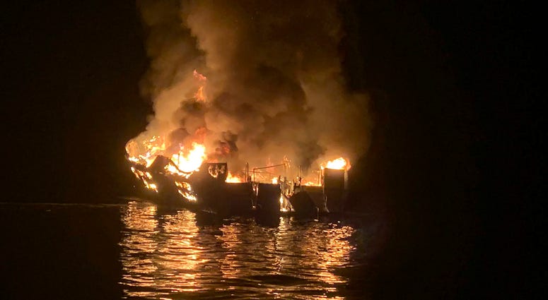 In this Sept. 2, 2019, file photo, provided by the Santa Barbara County Fire Department, a dive boat is engulfed in flames after a deadly fire broke out aboard the commercial scuba diving vessel off the Southern California Coast. California boat fire