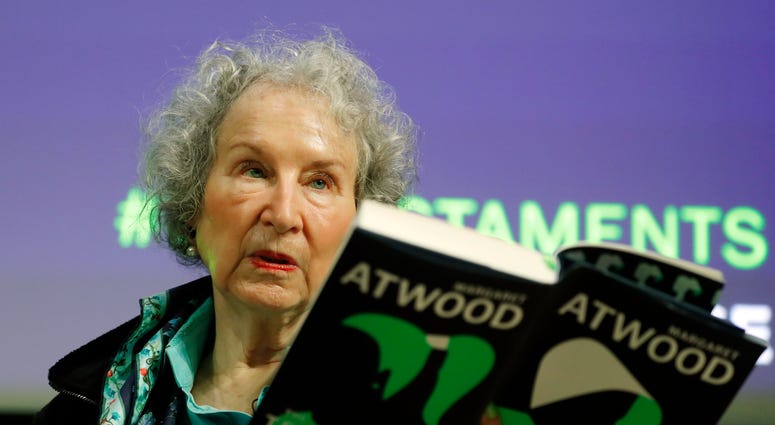 Canadian author Margaret Atwood speaks during a press conference at te British Library to launch her new book 'The Testaments' in London, Tuesday, Sept. 10, 2019. Canadian author Margaret Atwood speaks during a press conference at te British Library to launch her new book 'The Testaments' in London, Tuesday, Sept. 10, 2019.
