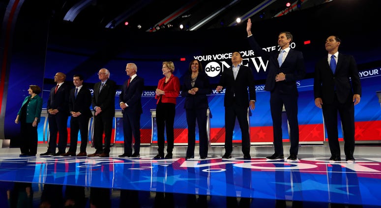 From left: Amy Klobuchar, Cory Booker, Pete Buttigieg, Bernie Sanders, Joe Biden, Elizabeth Warren, Kamala Harris, Andrew Yang, Beto O'Rourke and Julian Castro are introduced for the Democratic presidential primary debate. From left: Amy Klobuchar, Cory Booker, Pete Buttigieg, Bernie Sanders, Joe Biden, Elizabeth Warren, Kamala Harris, Andrew Yang, Beto O'Rourke and Julian Castro
