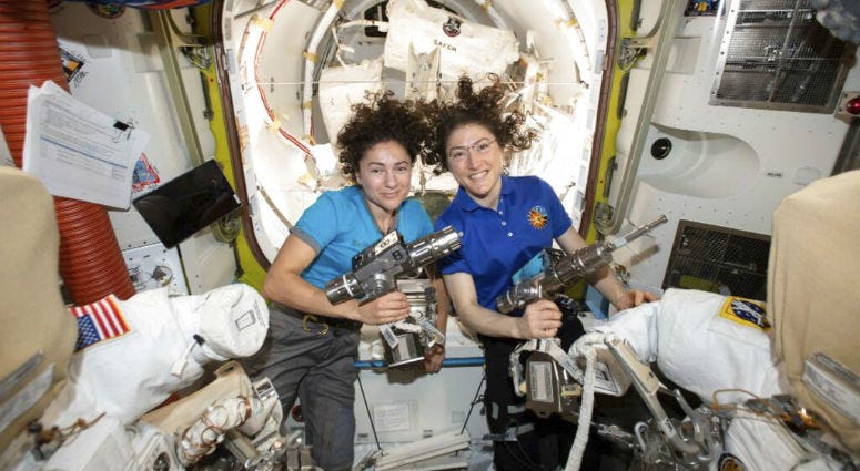 In this photo released by NASA on Thursday, Oct. 17, 2019, U.S. astronauts Jessica Meir, left, and Christina Koch pose for a photo in the International Space Station. U.S. astronauts Jessica Meir, left, and Christina Koch pose for a photo in the International Space Station.