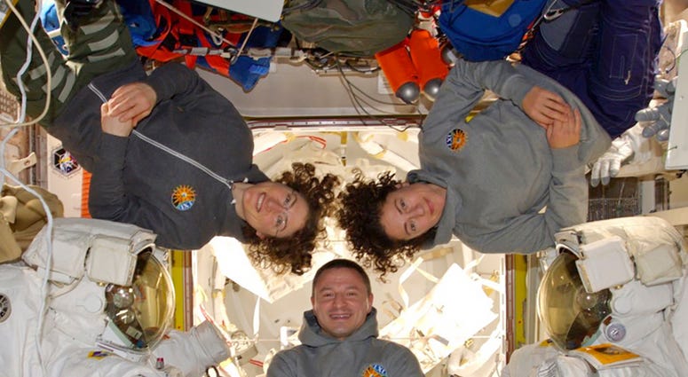 The world's first female spacewalking team made history high above Earth on Friday, floating out of the International Space Station to fix a broken part of the power network. Astronauts Andrew Morgan, Christina Koch and Jessica Meir are shown at the International Space Station on Friday, Oct. 18, 2019.
