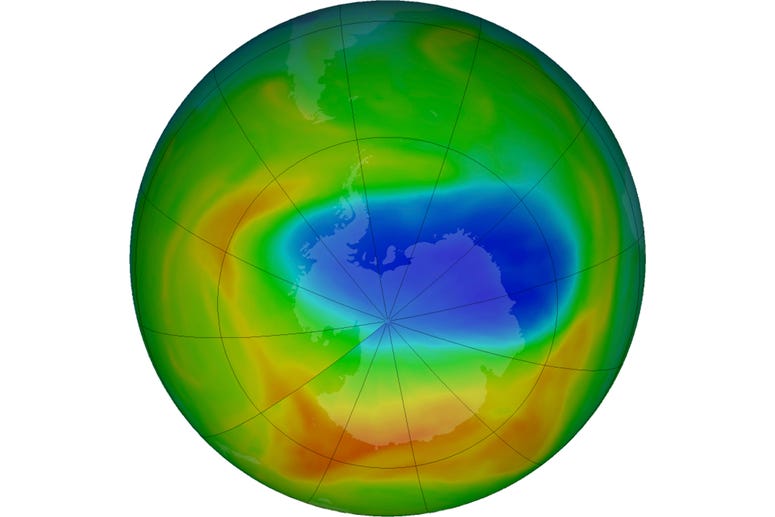 This image made available by NASA shows a map of a hole in the ozone layer over Antarctica on Sunday, Oct. 20, 2019. This image made available by NASA shows a map of a hole in the ozone layer over Antarctica on Sunday, Oct. 20, 2019.